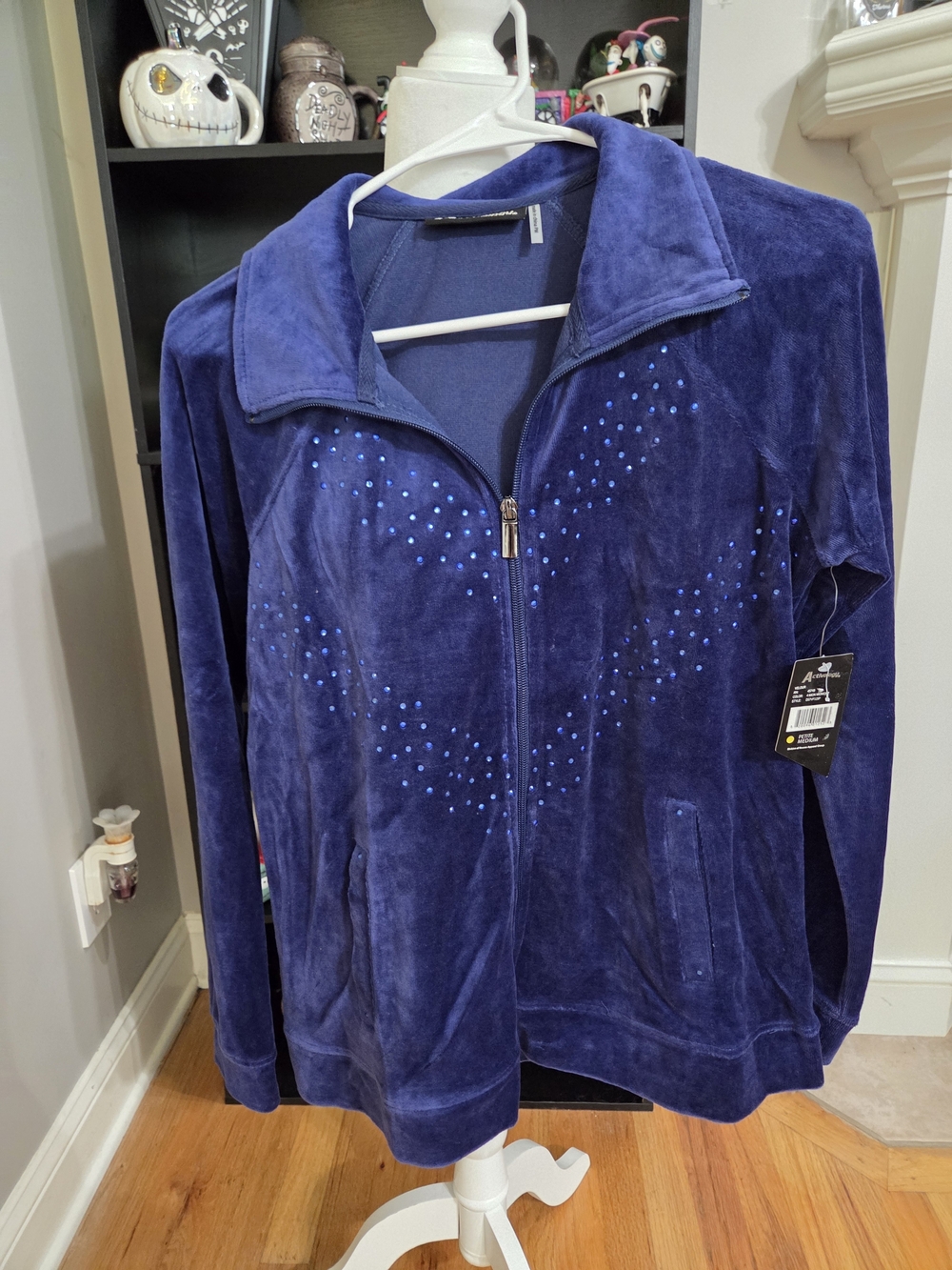 Plush Navy Teddy Jacket with Zip & Rhinestone Detail
